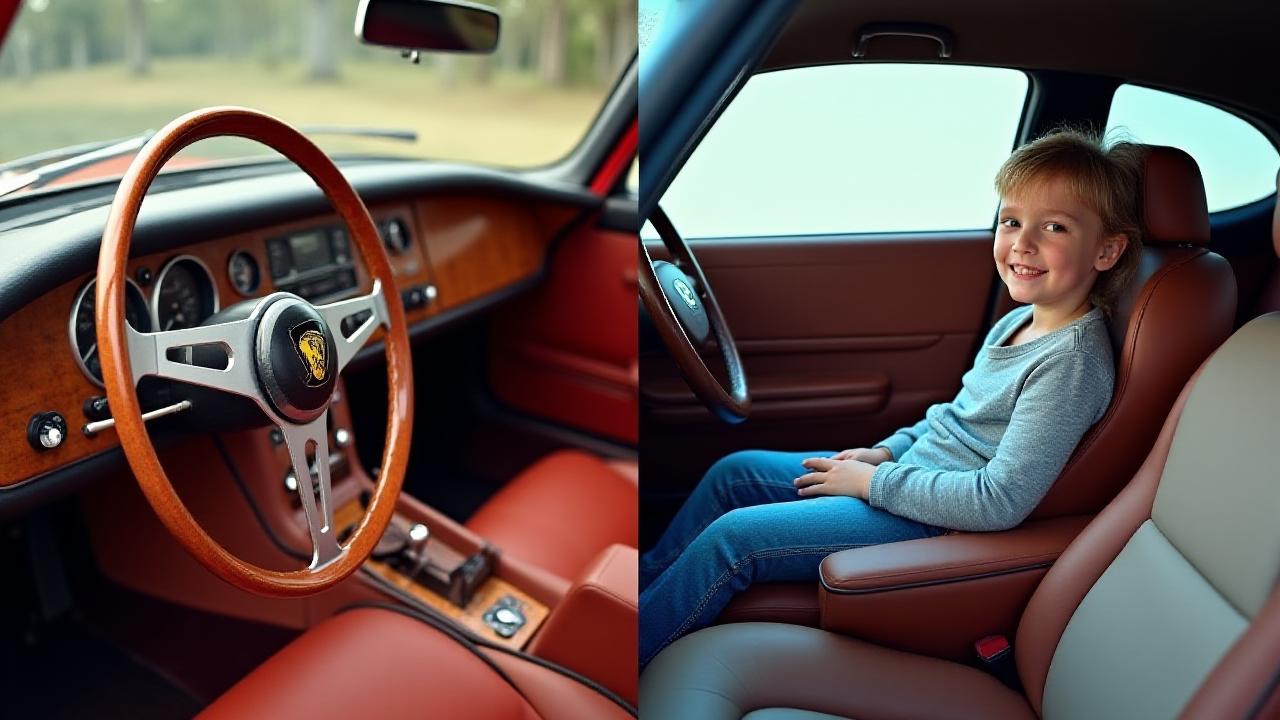 Confronto tra interni di auto classica e SUV moderno familiare puliti professionalmente